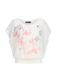 Blouse blanche à manches courtes avec une coupe ample et un imprimé floral aquarelle rose et gris sur le devant, col rond et taille ajustée.