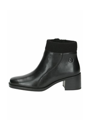 Black leather ankle boot with a ribbed black knit cuff, rounded toe, and a stacked heel. Features a smooth surface and minimalist design.