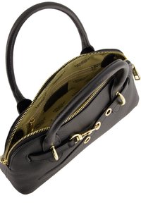 Black leather handbag with a textured surface, gold-toned zipper and hardware, and an interior lining featuring a repeated logo pattern.
