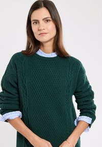 Pull en tricot vert avec des motifs texturés, présentant un col rond et des poignets roulés sur une chemise à col bleu clair en dessous.