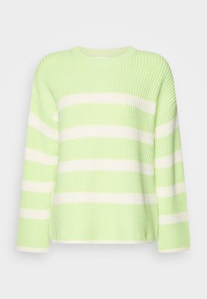 Hellgrüner gestrickter Pullover mit horizontalen weißen Streifen, langen Ärmeln und rundem Ausschnitt auf einem einfarbigen Hintergrund.