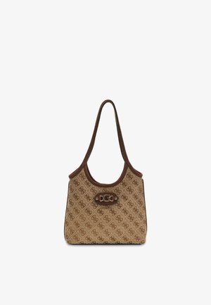 Brun designer skuldertaske med monogrammønster og logoplade foran, med enkelt rem til bæring.