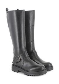 Botas negras de cuero hasta la rodilla con punta redondeada, detalle de hebilla y suela texturizada para mayor agarre. Acabado liso con detalles de costuras verticales.