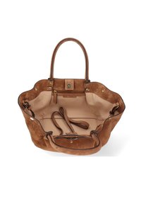 Sac fourre-tout en suède marron avec quincaillerie dorée, un intérieur spacieux et une doublure en tissu beige. Comprend deux poignées et une poche zippée.