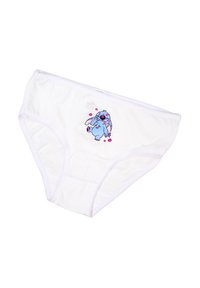 Culottes bianche in cotone con un personaggio cartoon blu con accenti rosa e dettagli facciali, e baci di rossetto giocosi sullo sfondo.