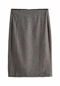 Fustă creion din lână, cu un model houndstooth în nuanțe de navy și bej, având o siluetă dreaptă și un fermoar ascuns la spate.