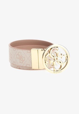 Cintura rosa con motivo, dotata di una fibbia circolare dorata con logo, realizzata in materiale resistente e progettata per un uso casual.