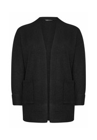 Svart stickad kofta med lös passform, öppen framsida, två framfickor och ribbad textur. Trekvartsärmar med uppvikta ärmslut.