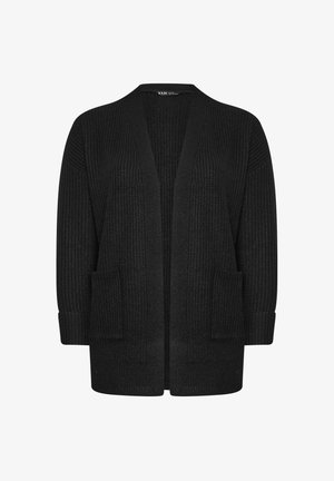 Sort strikket cardigan med en løs pasform, åben front, to forlommer og ribbet tekstur. Trekvartærmer med opkrøllede manchetter.