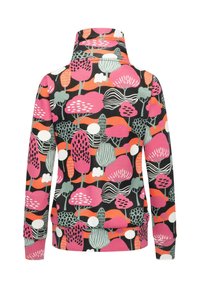 Maglione con sfondo nero e vivaci motivi di alberi e nuvole in rosa, rosso e verde; tessuto morbido e strutturato; colletto alto e polsini a coste.