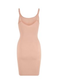 Ärmelloses, hellrosa, nahtloses Bodycon-Kleid mit verstellbaren dünnen Trägern und einem runderen Ausschnitt.