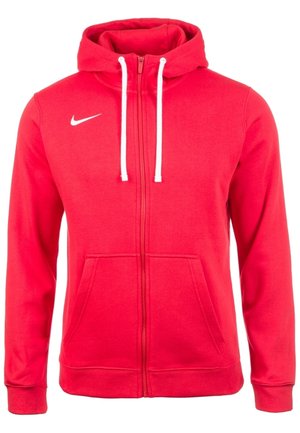Roter Kapuzenpullover mit Reißverschluss, weißen Kordeln und weißem Nike-Logo auf der linken Brust, mit Fronttaschen und langen Ärmeln.