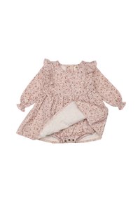 Floral-patterned pink dress with long sleeves, ruffled accents, and a button closure. Features a soft lining and gathered waist.