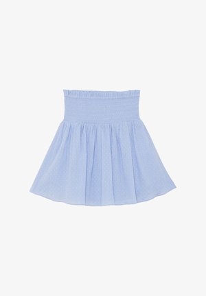 Jupe bleu clair à taille smockée, en tissu texturé avec une coupe évasée et un motif discret à pois, dotée d'un bord supérieur à volants.