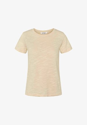 Tricou bej cu mâneci scurte și decolteu rotund, cu textură subtilă și etichetă Soft Rebels în interiorul gulerului.