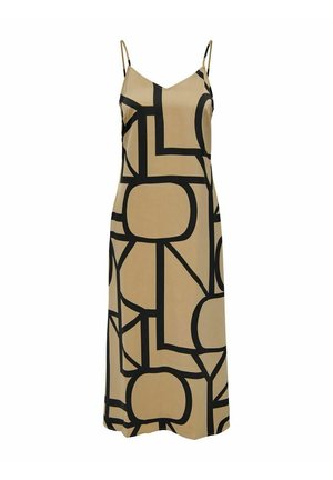 Beige ærmeløs midikjole med tynde stropper og fedt sort geometrisk abstrakt mønster på hele stoffet.