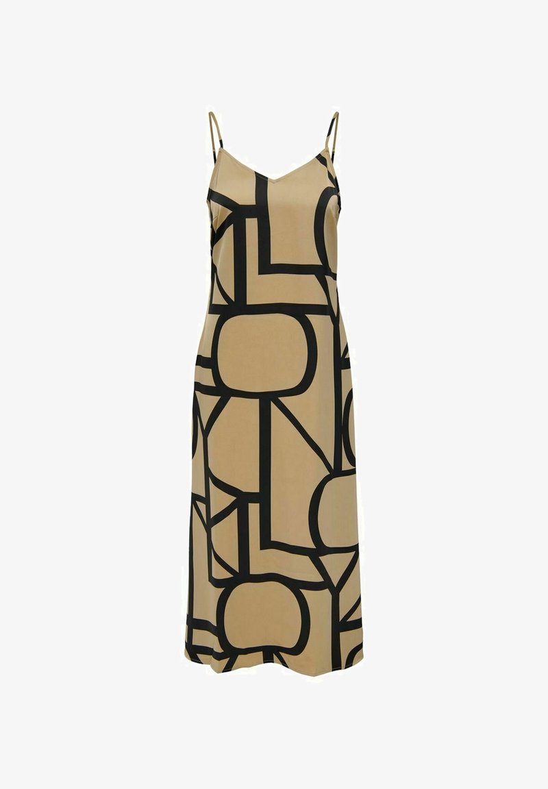 Robe midi sans manches beige avec fines bretelles et motif géométrique abstrait noir audacieux sur l'ensemble du tissu.