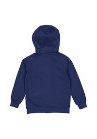 Felpa con cappuccio di colore blu navy, maniche lunghe, polsini e orlo a costine, e una texture morbida. Nessun design anteriore o hardware visibile.