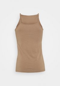 Débardeur marron en tissu doux, avec des bretelles fines, un décolleté carré et une silhouette ajustée. Texture lisse sans motifs ni accents.