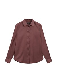Camicia a maniche lunghe realizzata in morbido tessuto bordeaux con chiusura a bottoni frontale, colletto a punta e orlo curvo. Presenta maniche lunghe e aderenti.