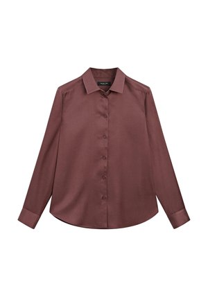 Long-sleeve shirt made of smooth, burgundy fabric with a button-down front, pointed collar, and curved hem. Features long, fitted sleeves.