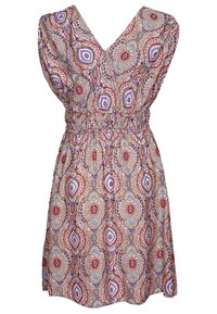 Mouwloze, V-hals jurk met een meerkleurig paisleypatroon, gather taille en een ontspannen pasvorm, gemaakt van lichtgewicht stof.