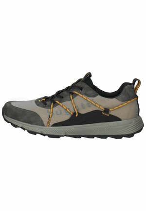 Gray and black athletic shoe with yellow laces, mesh upper, and thick textured sole, viewed from the side on a white background.