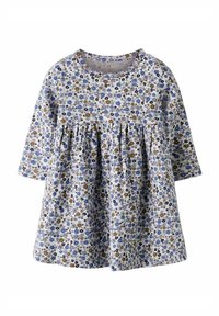 Blomstret kjole med lange ermer, laget av lett stoff. Har hvit bakgrunn med små blå og brune blomster, og innsvingt midje.