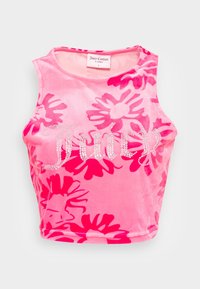 Rosa ärmlös crop top med mörkrosa blommönster och "Juicy" stavat med rhinestones på framsidan, liten storleksetikett inuti kragen.