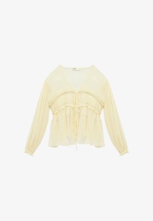 Geel, doorschijnend blouse met een V-hals, geplooide accenten bij de buste en lange, opgeblazen mouwen. Heeft een striksluiting aan de voorkant.