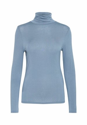 Hellblaues Rollkragenoberteil aus einem weichen, dehnbaren Material. Mit langen Ärmeln und einem schmal geschnittenen Design mit hohem Kragen.