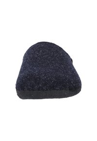 Mörkblå ulltofflor med rundad topp, mjuk textur, gummisula och minimalistisk design. Lämpliga för inomhusbruk.