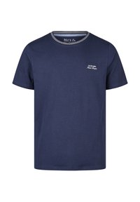 Camiseta de algodón azul marino de manga corta. Presenta un escote redondeado con acentos a rayas y un pequeño texto bordado en el pecho.