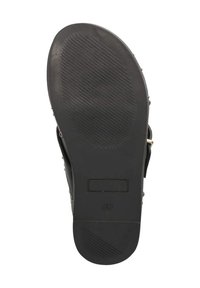 Zwarte sandaalzool met een gestructureerd oppervlak, voorzien van een lichte hak en decoratieve metalen accenten langs de zijkant.