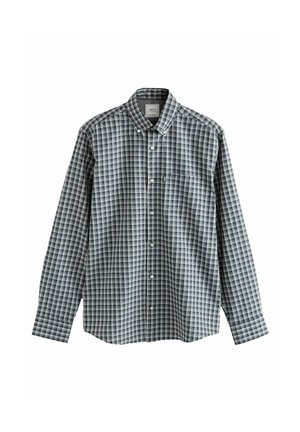 Button-up shirt in a navy, green, and white check pattern, with a collar, long sleeves, and a chest pocket. Cotton material, smooth texture.