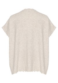 Lichtbeige, gebreide sweater met korte mouwen, een zachte textuur, een scalloped halslijn en een losse pasvorm. Geen zichtbare sluitingen of ingewikkelde patronen.