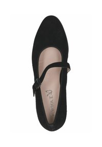Scarpa flat nera in suede con punta tonda, caratterizzata da una fettuccia sottile e una fibbia. L'interno presenta una fodera beige con logo impresso.