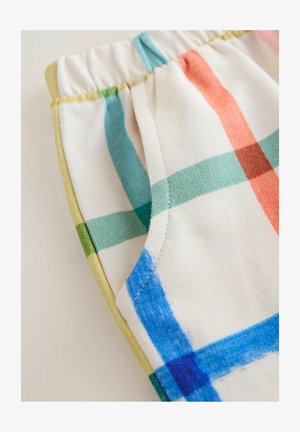 Shorts en coton avec une ceinture élastique présentant un motif écossais multicolore, incluant des rayures bleues, vertes, roses et orange.