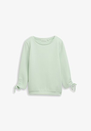 Mintgroene sweatshirt met textuur, driekwart mouwen en trekkoorddetails aan de manchetten. Ronde halslijn en een losse pasvorm.