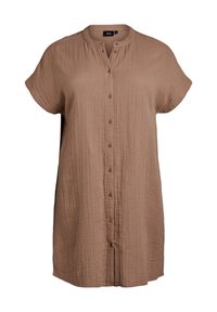 Brown cotton shirt dress with a short sleeve design, five front buttons, and a pleated texture. Round neckline and knee-length hem.