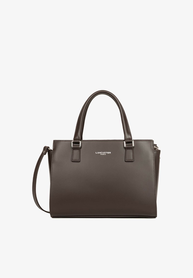 Sac à main en cuir marron avec double poignée et bandoulière détachable, marqué "Lancaster Paris" au centre devant.