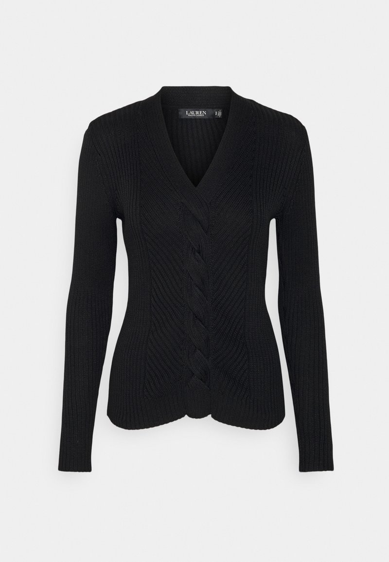 Pull noir en maille à manches longues avec col en V et motif torsadé central, silhouette ajustée, poignets et ourlet côtelés.
