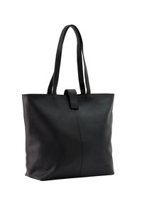 Zwarte leren tote bag met twee schouderbanden, een plat ontwerp en een sluiting met klep aan de voorkant. Heeft een gladde textuur en subtiele stiksels.