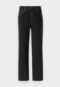 Mustad denim teksad, sirge sääre kujundusega, silmatorkava õmblusega, viie tasku ja esise nupuga sulgemisega.