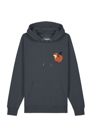 Dark gray hoodie with front pocket and small cartoon fox graphic on the left chest, featuring a drawstring hood and ribbed cuffs.