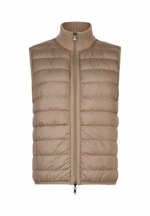 Ärmellose, hellbraune Steppweste mit geripptem Stehkragen und beidseitig öffnendem Frontreißverschluss.