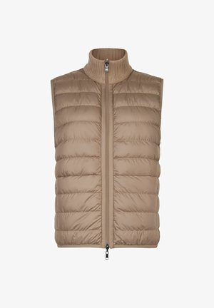 Ärmellose, hellbraune Steppweste mit geripptem Stehkragen und beidseitig öffnendem Frontreißverschluss.