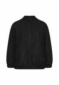 Czarna kurtka bombierka o teksturowanej powierzchni, okrągłym dekolcie i elastycznych mankietach. Posiada pełny zamek z przodu i luźny krój.