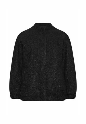 Zwarte bomberjack met een gestructureerd oppervlak, ronde halslijn en elastische manchetten. Voorzien van een volledige rits aan de voorkant en een relaxte pasvorm.