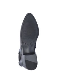 Zwarte leren schoenzool met een gladde, afgeronde vorm. Geprofileerd rubber voor grip en een kleine hak, met een logo dicht bij de basis.